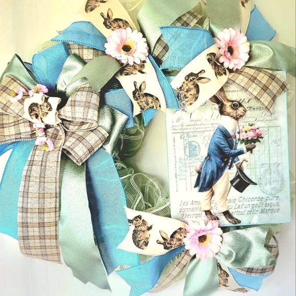Victorian Gentleman Easter Bunny Wreath Rabbit Deco Mesh Bows Greens Blues Pinks - Picture 7 of 8